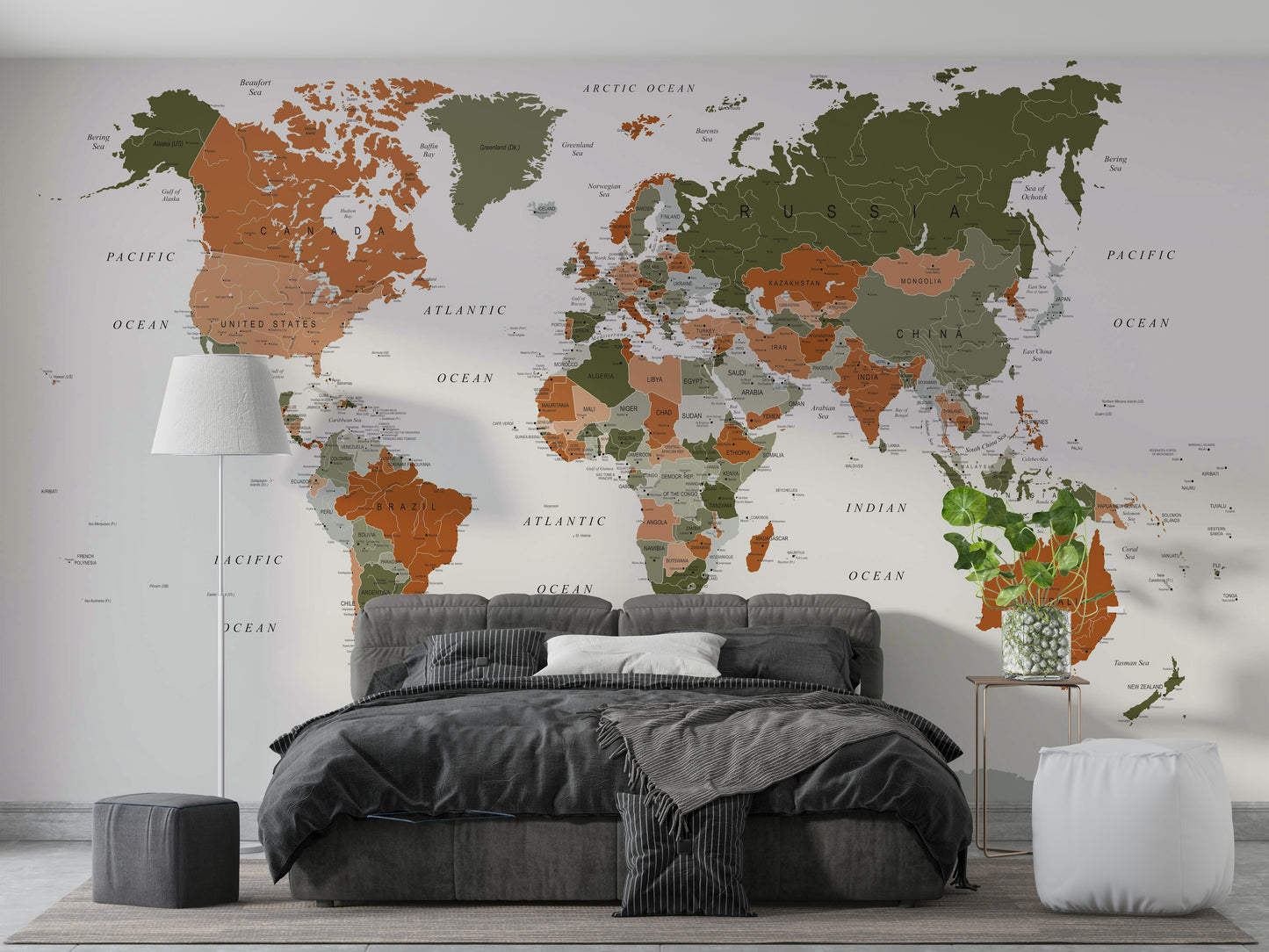 World Map Olive Green Wall Mural