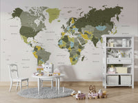 Stylish olive green world map mural for rooms

