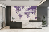 Purple-toned world map mural for modern rooms


