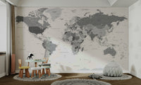 Detailed world map mural in muted grey shades

