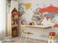 Modern world map mural with detailed landmarks

