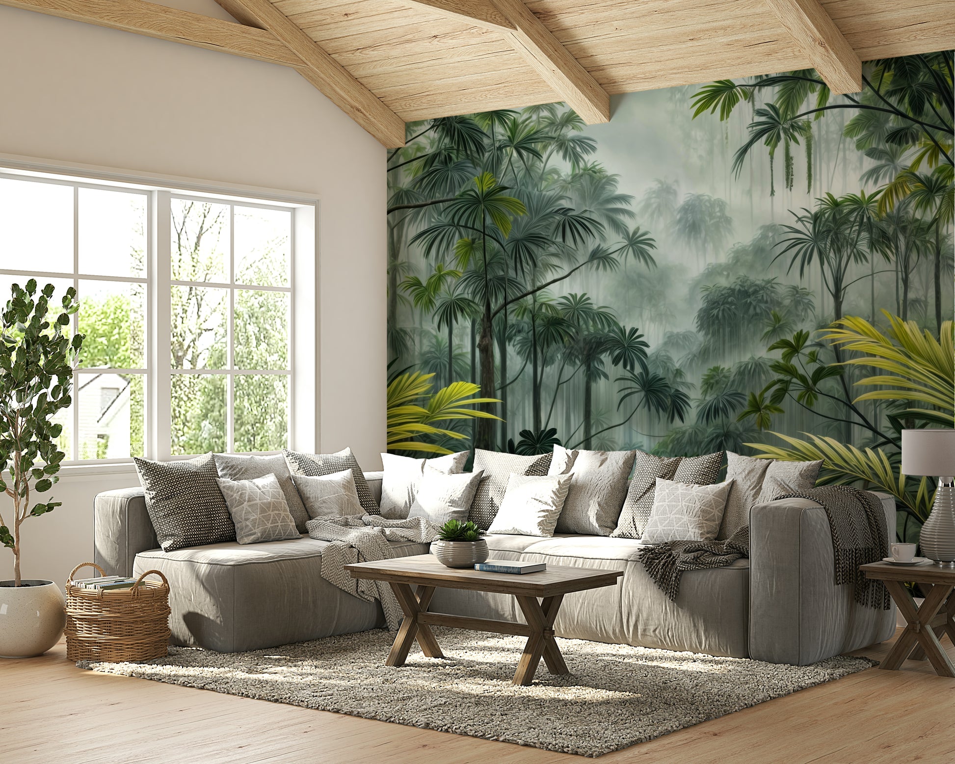 Rainforest mural with layered greenery

