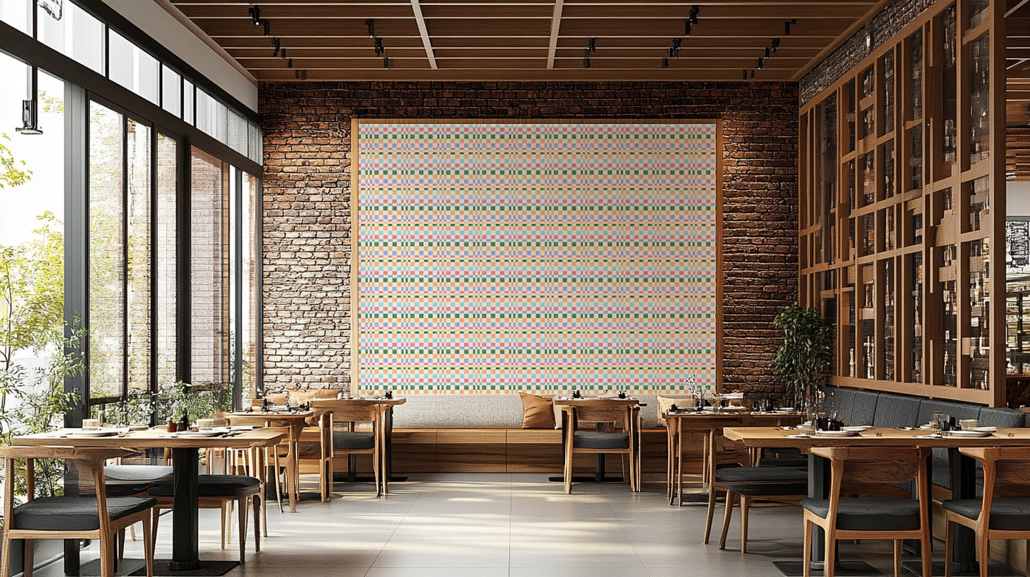 Dynamic multicolored woven check wallpaper with jungle elements

