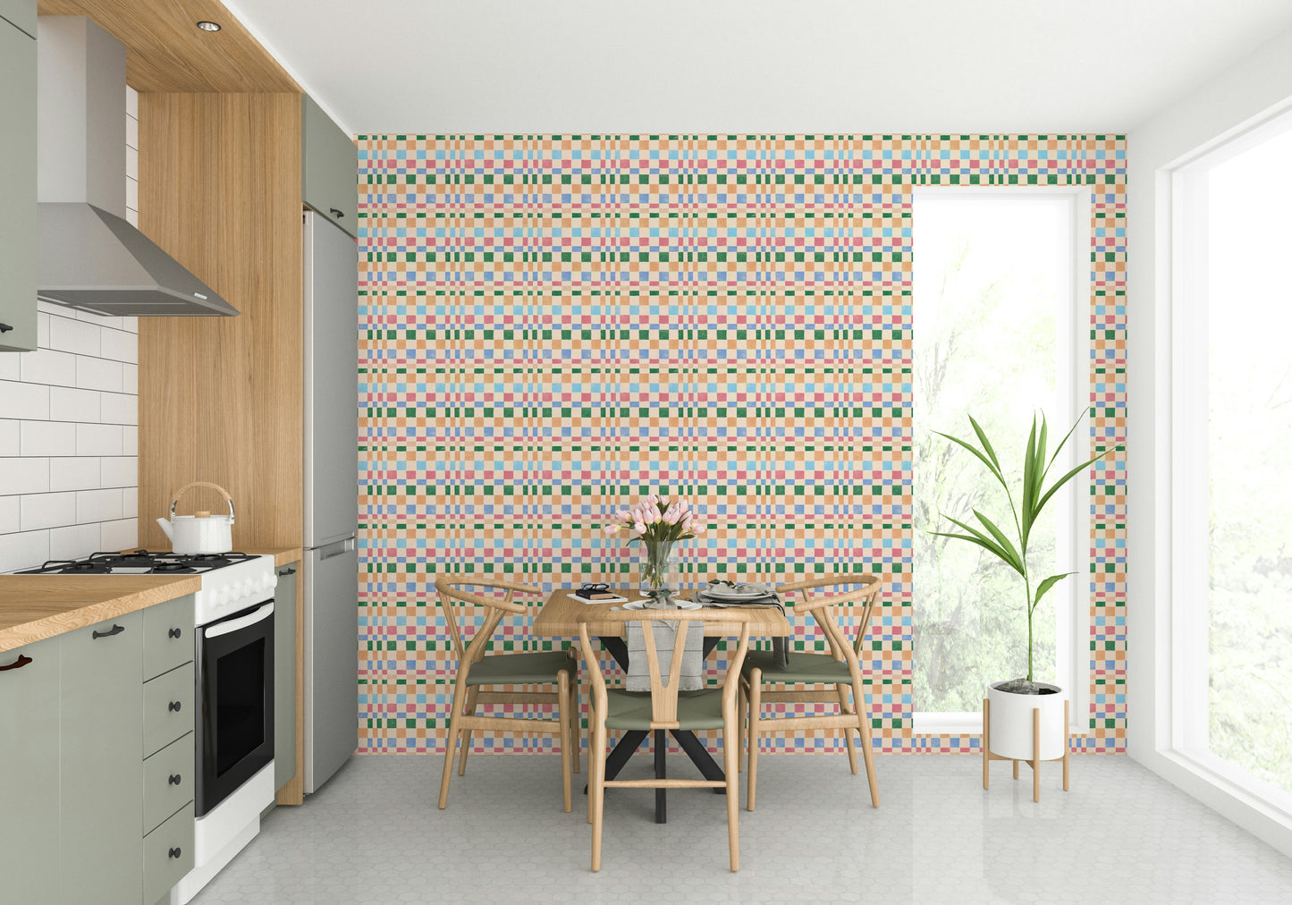Funky multicolored woven check wallpaper featuring jewel jungle design

