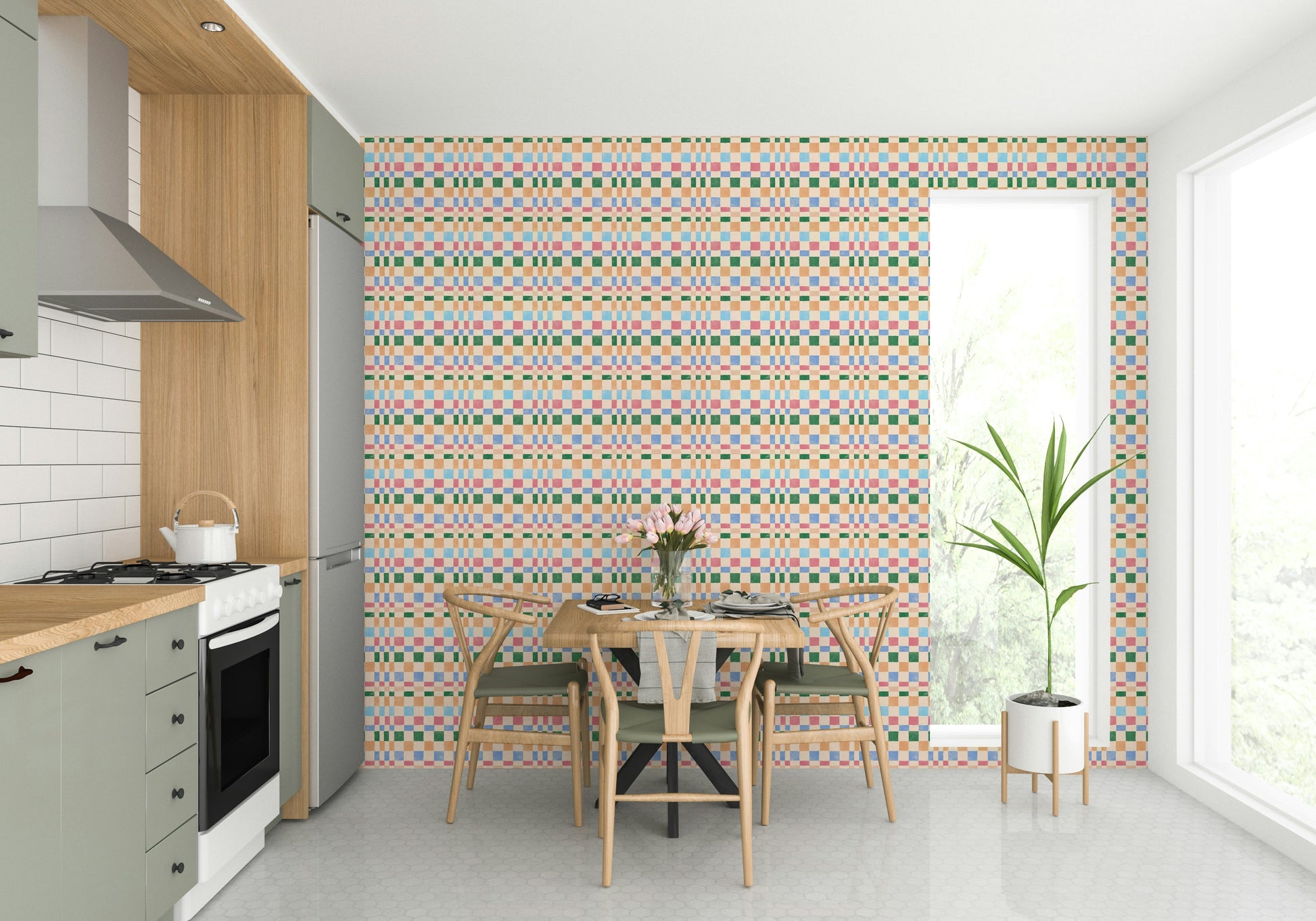 Funky multicolored woven check wallpaper featuring jewel jungle design

