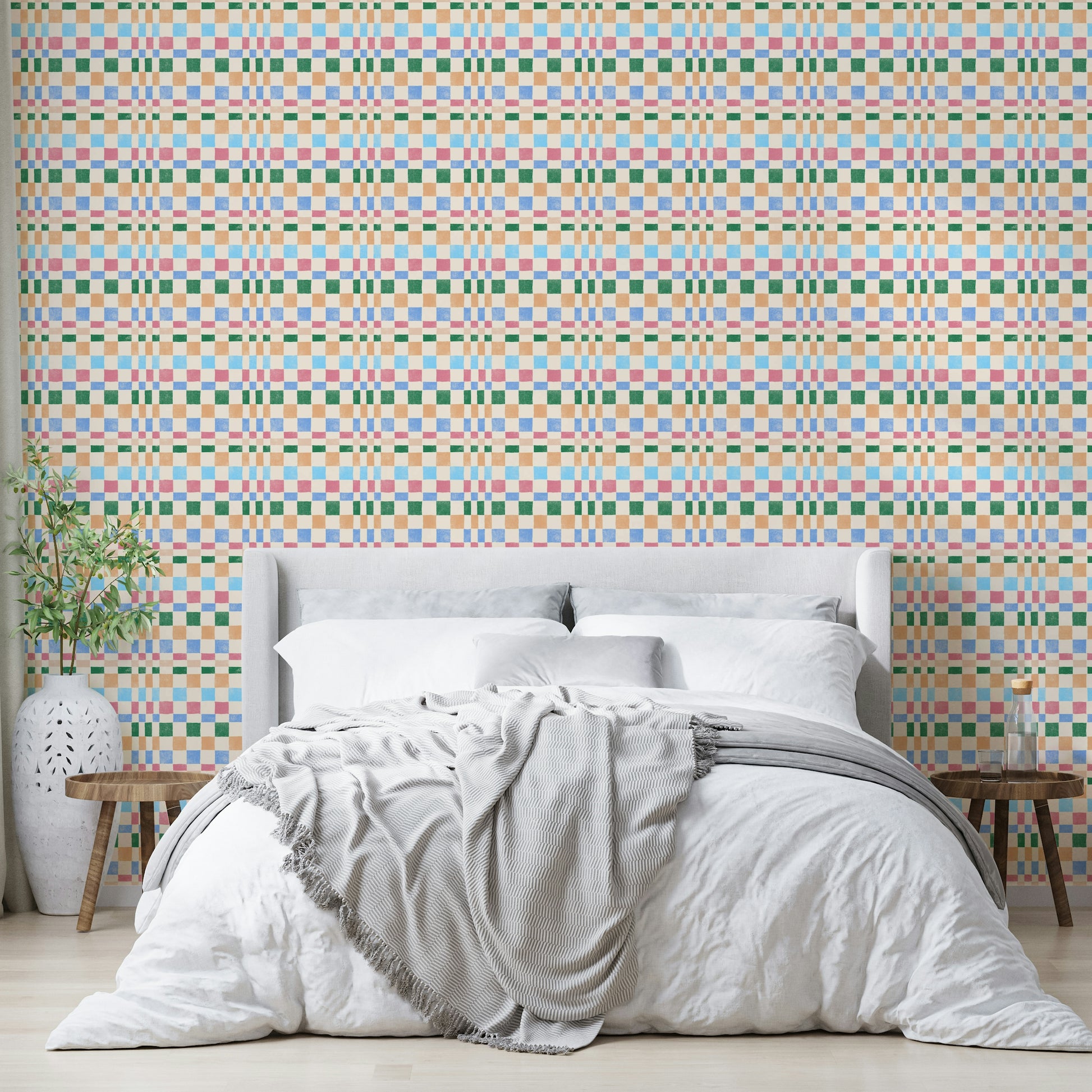 Multicolored woven check jungle wallpaper with jewel accents for bold interiors

