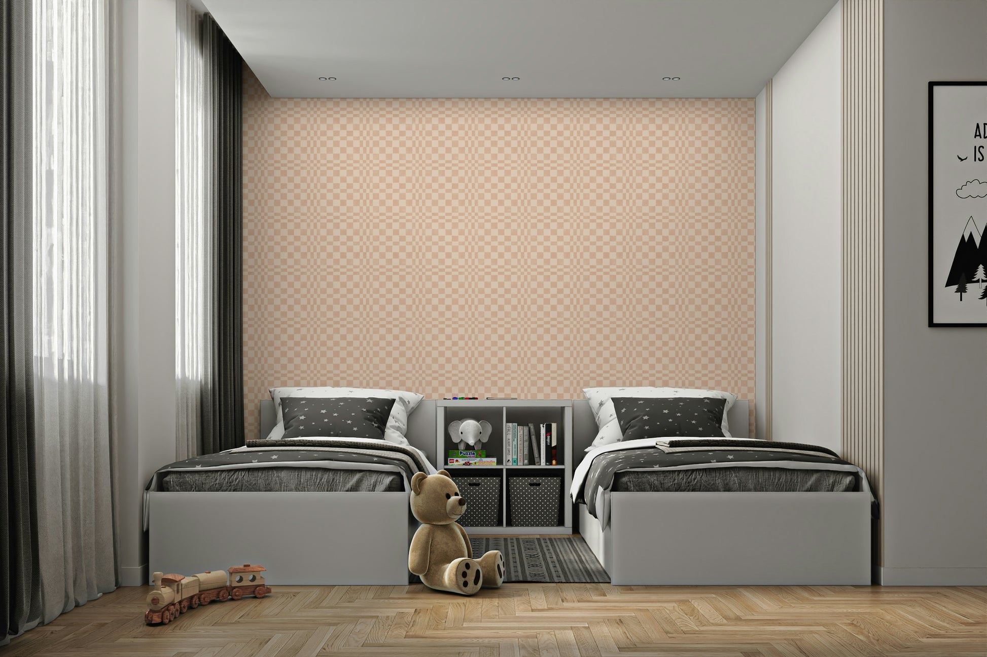 Terracotta and jewel jungle-themed funky woven check wallpaper

