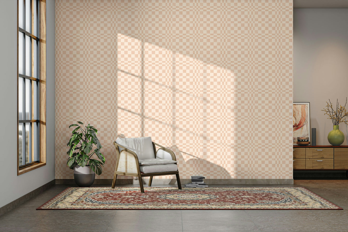 Funky woven check terracotta wallpaper with jewel jungle patterns

