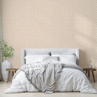 Unique terracotta woven check wallpaper with jungle jewel accents

