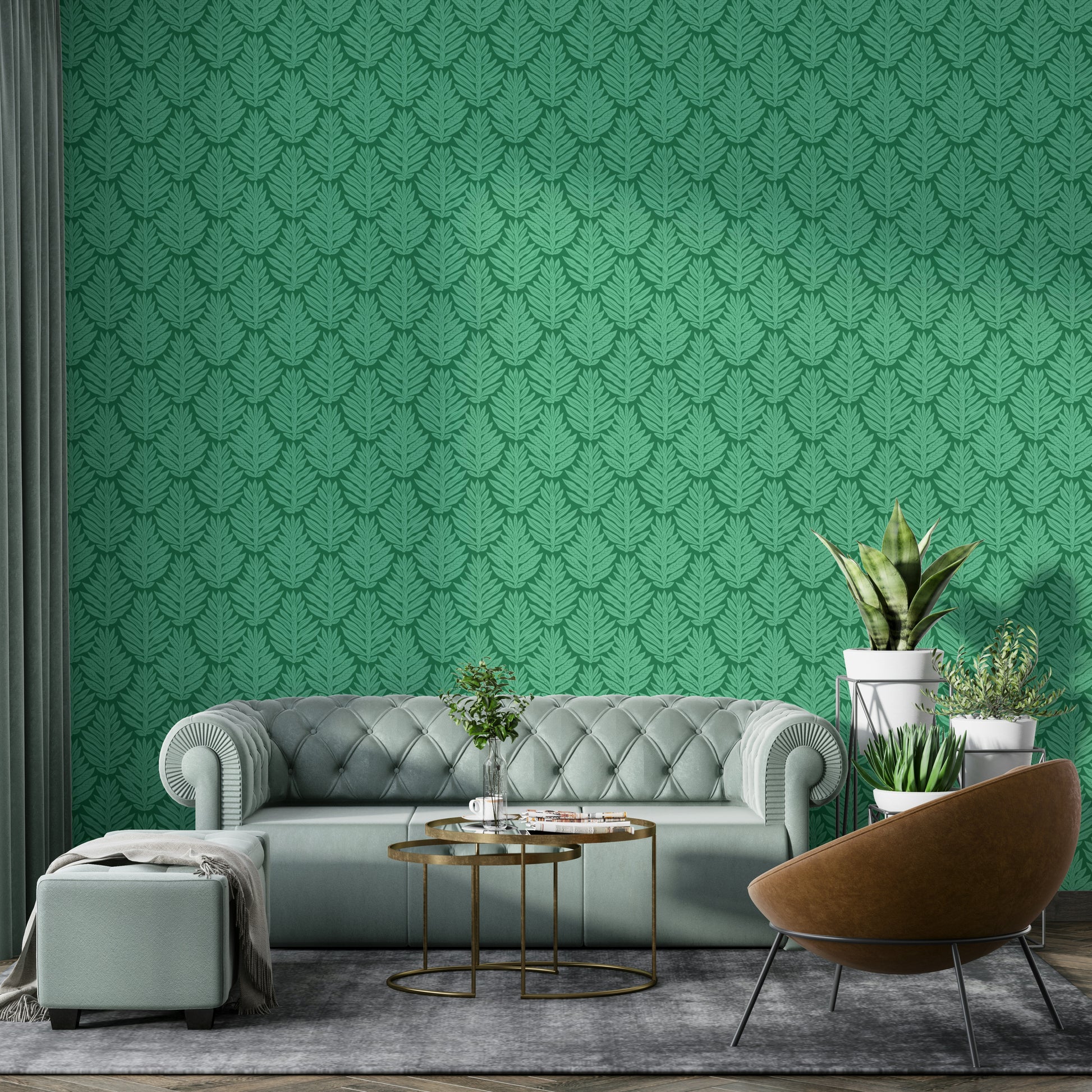 Nature-inspired scallop green leaf wallpaper with jewel details

