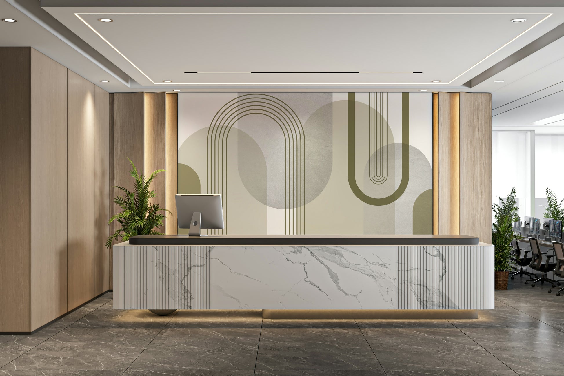 Geometric mid-century abstraction mural for chic interiors

