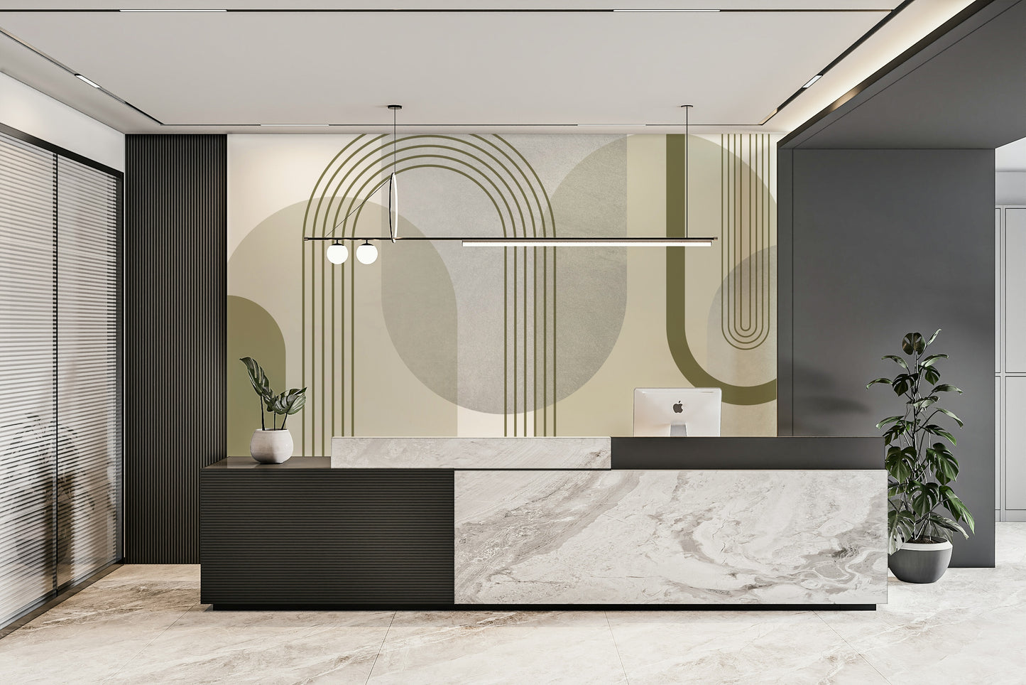 Stylish modern abstraction mural in mid-century design

