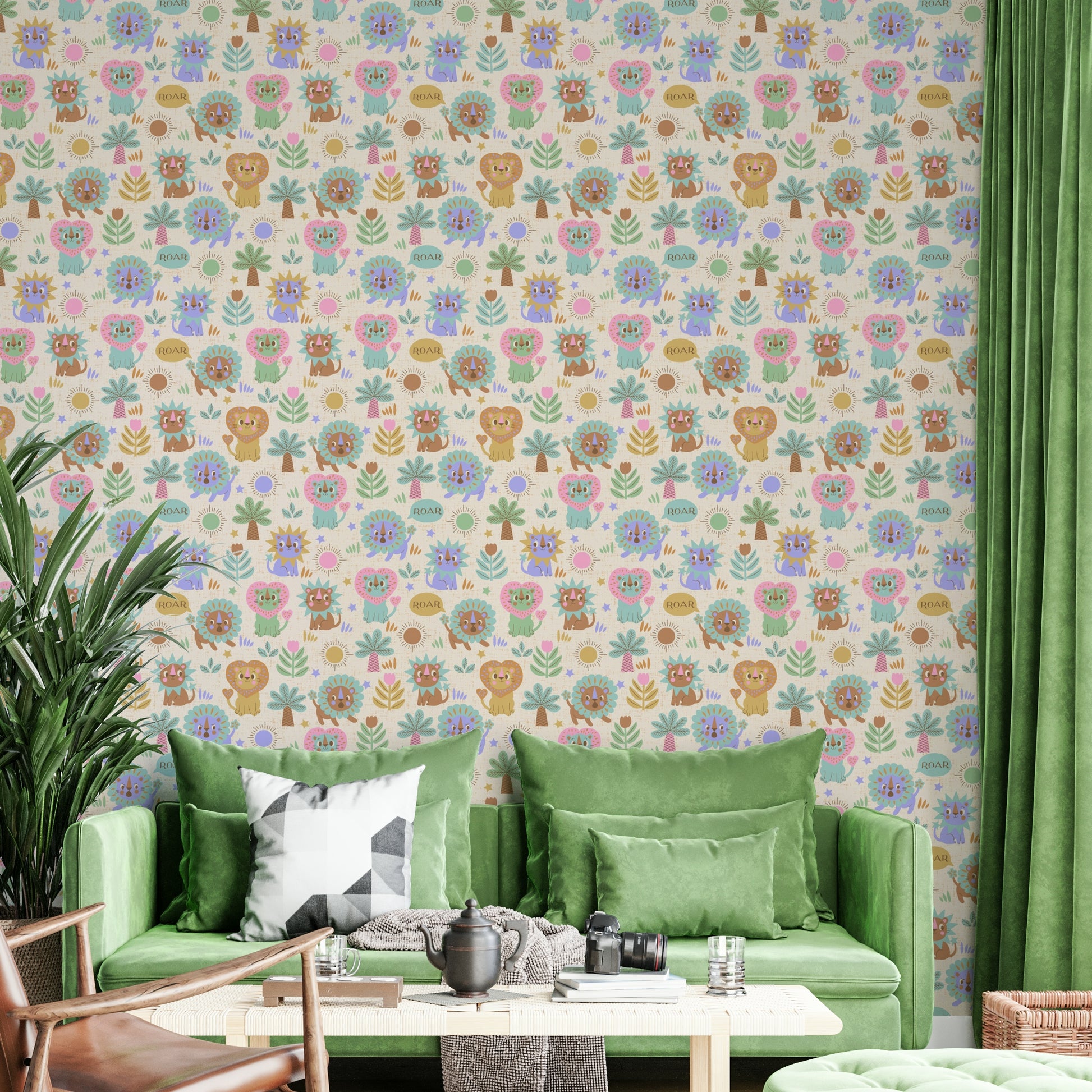 Whimsical little lion wallpaper for playful interiors

