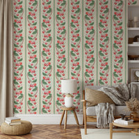Playful red and green stripes with cherry design wallpaper


