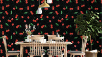 Statement wallpaper featuring scattered black cherries


