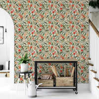 Hand-painted cherries on peach-colored wallpaper

