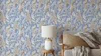 Dove blue wallpaper with elegant peacock design
