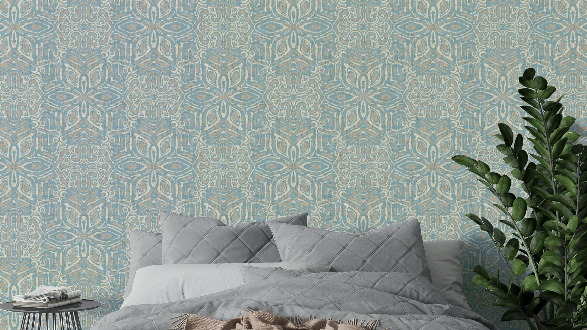 Muted blue batik floral mural

