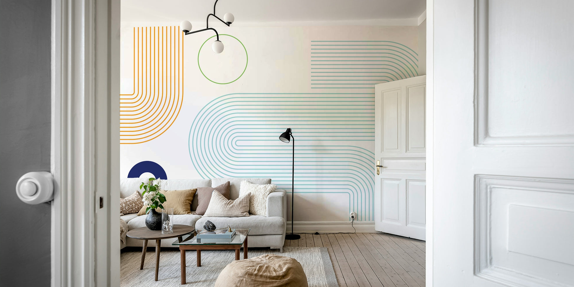 Clean geometric mural with flowing shapes

