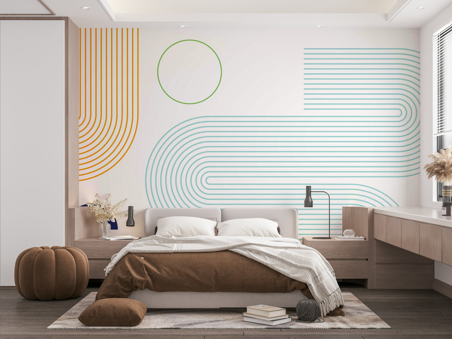 Elegant curved line mural in muted colors

