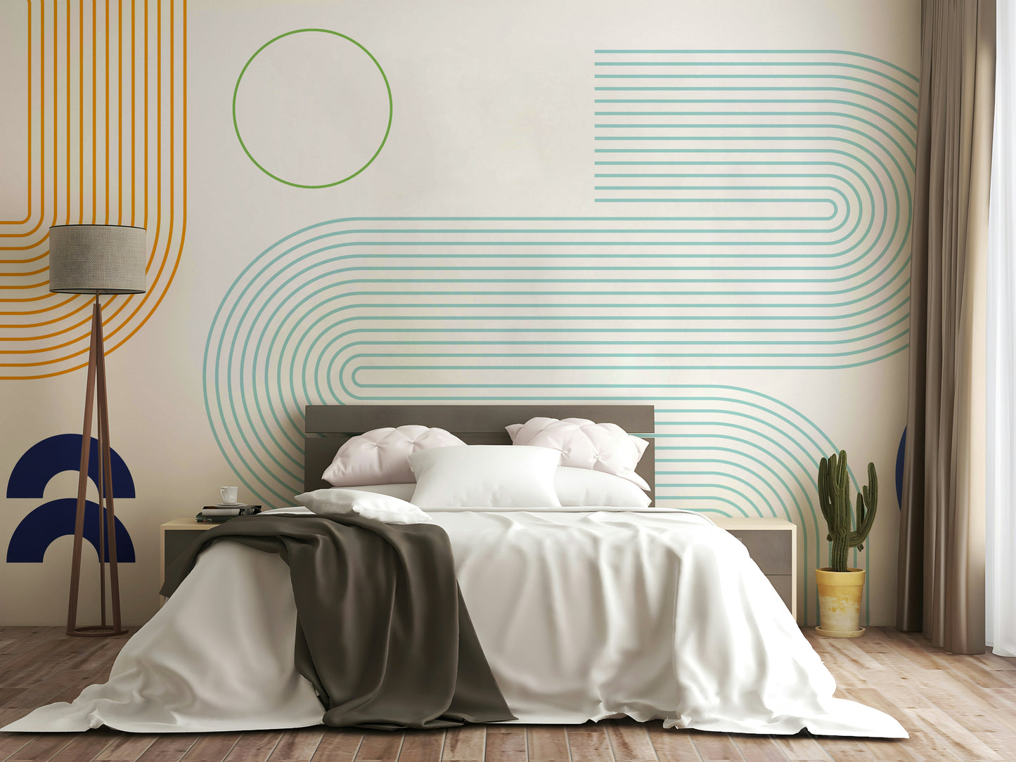Abstract line mural with smooth geometric curves


