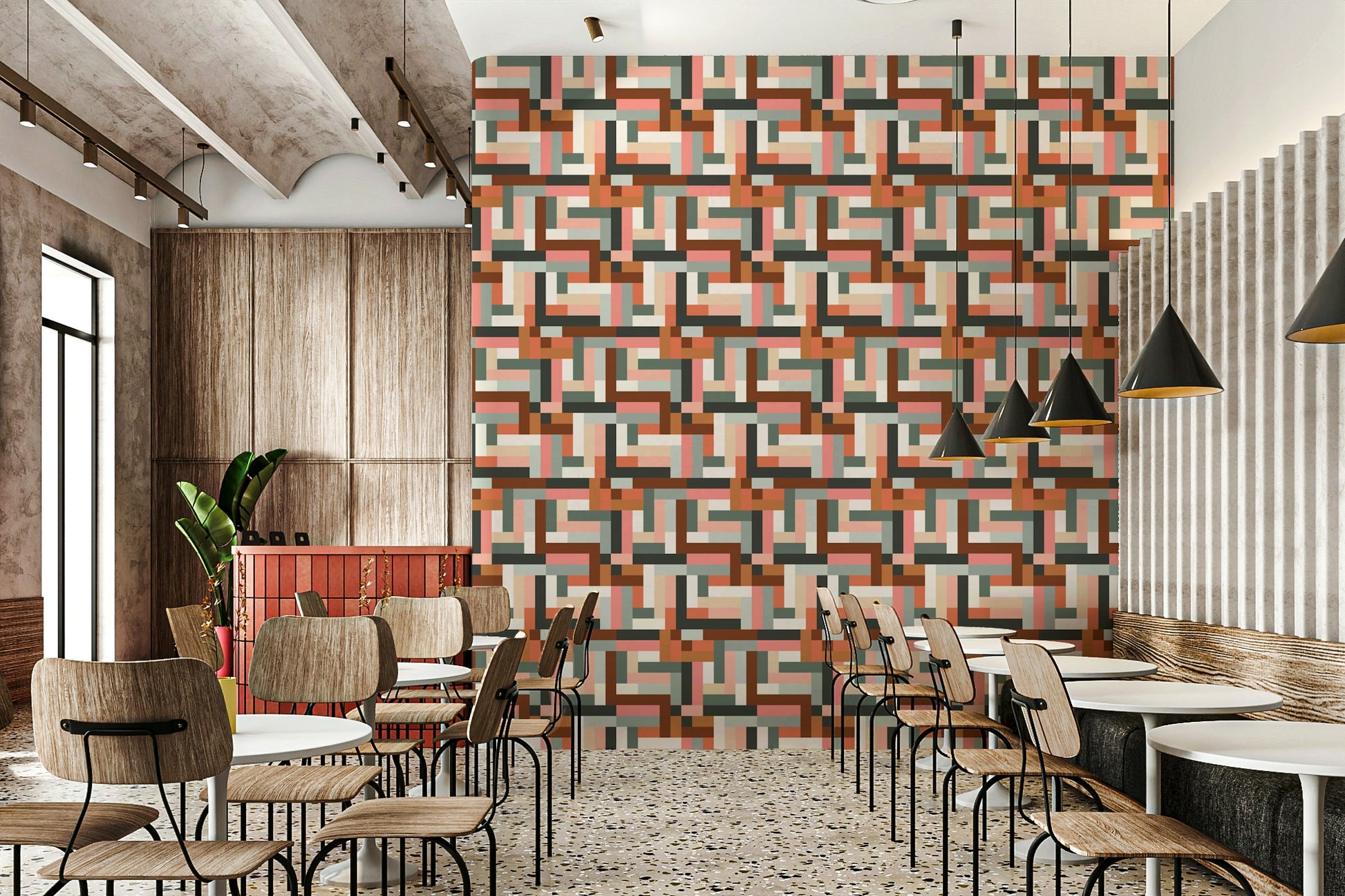 Geometric terracotta mural wallpaper

