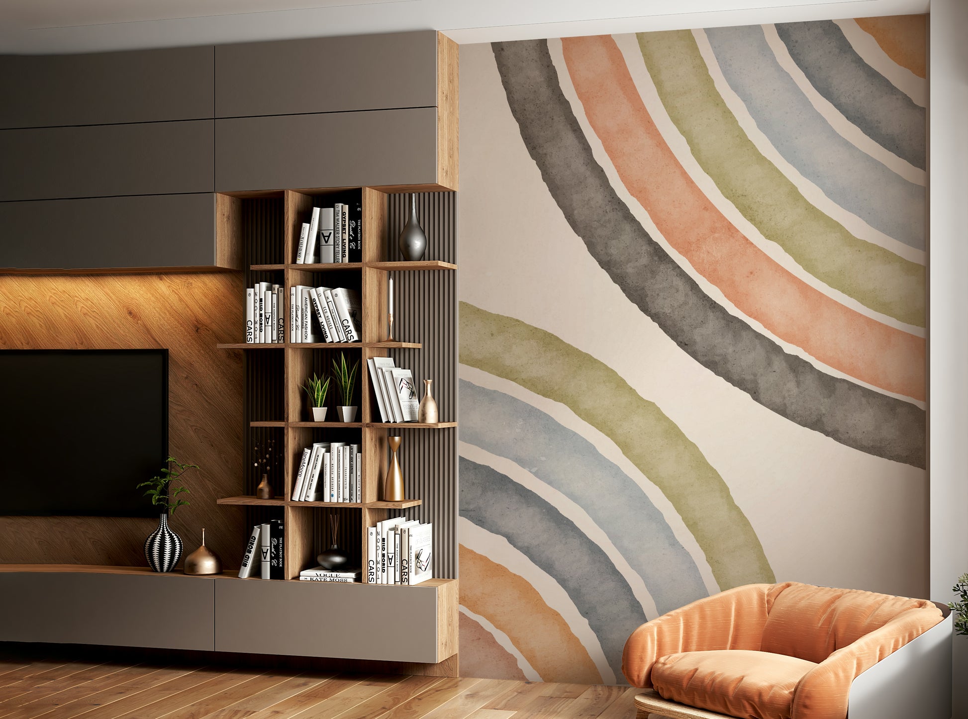 Gentle curved arcs mural in watercolor tones

