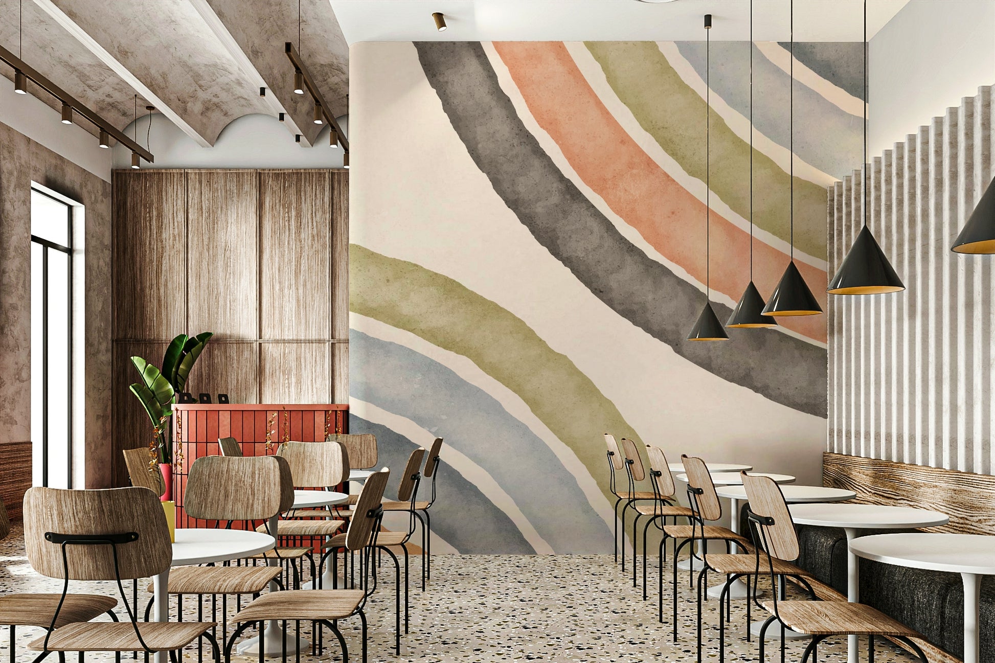 Soft pastel arcs in abstract mural design

