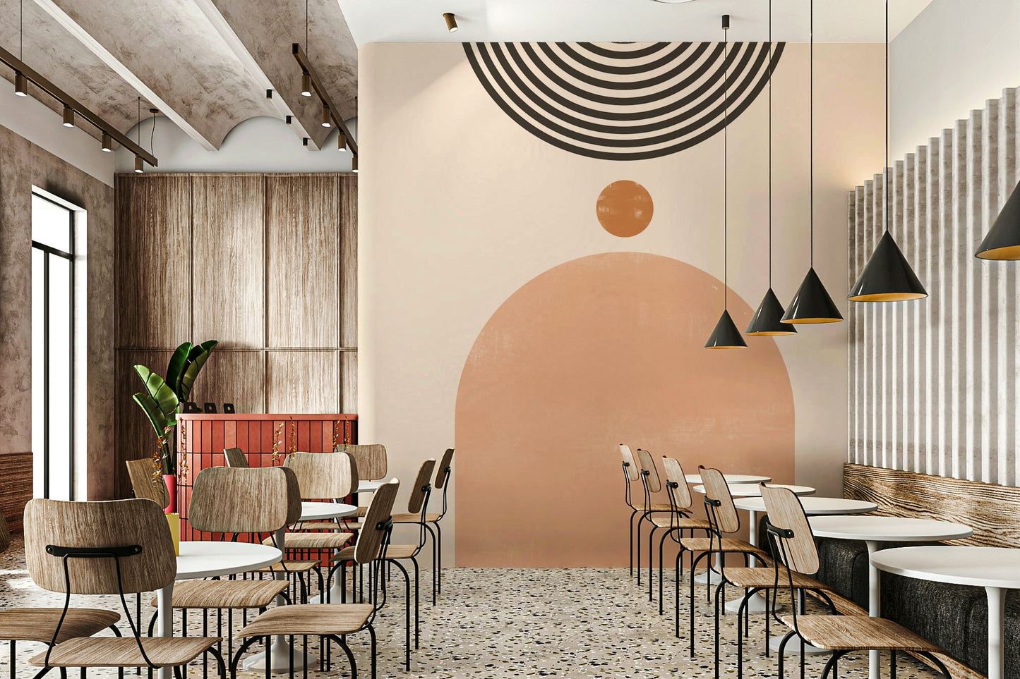 Modernist wall mural featuring retro color blocks


