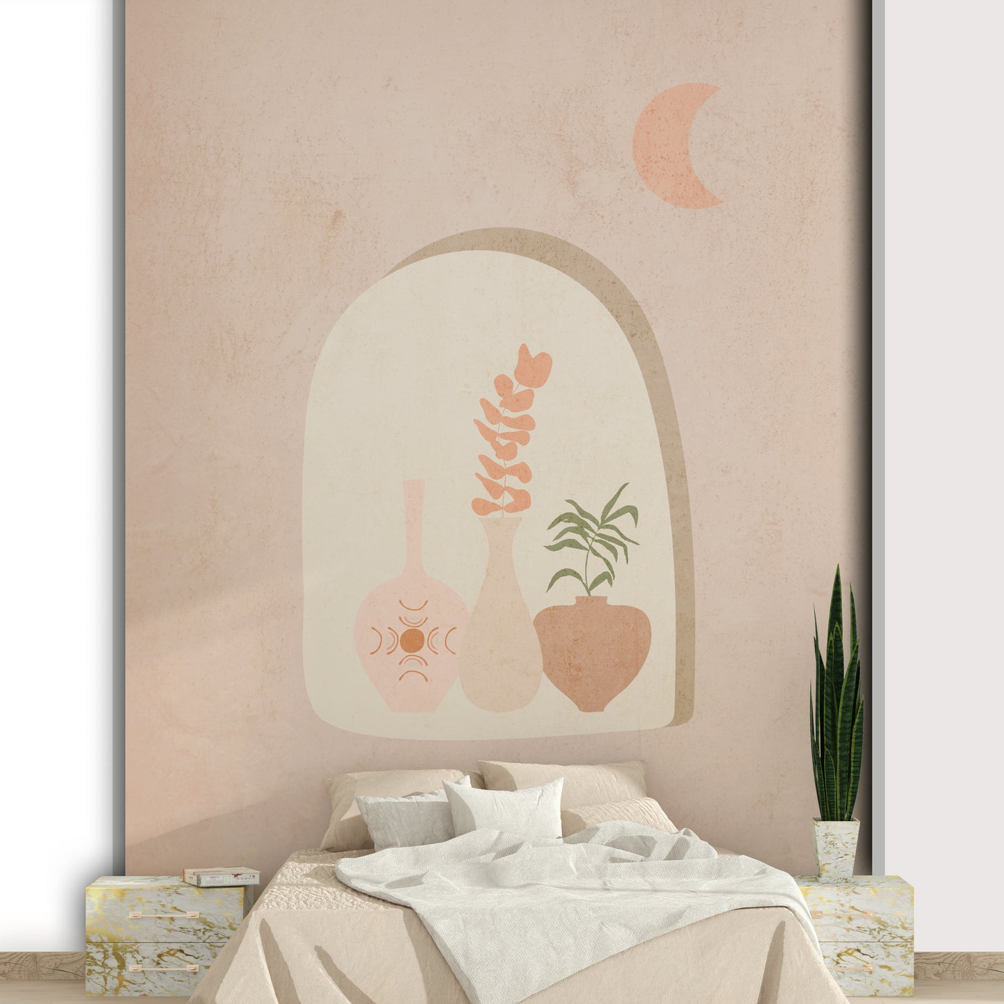 Boho-style mural featuring palms and sun motifs


