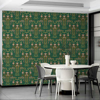 Green wallpaper with tulip motif


