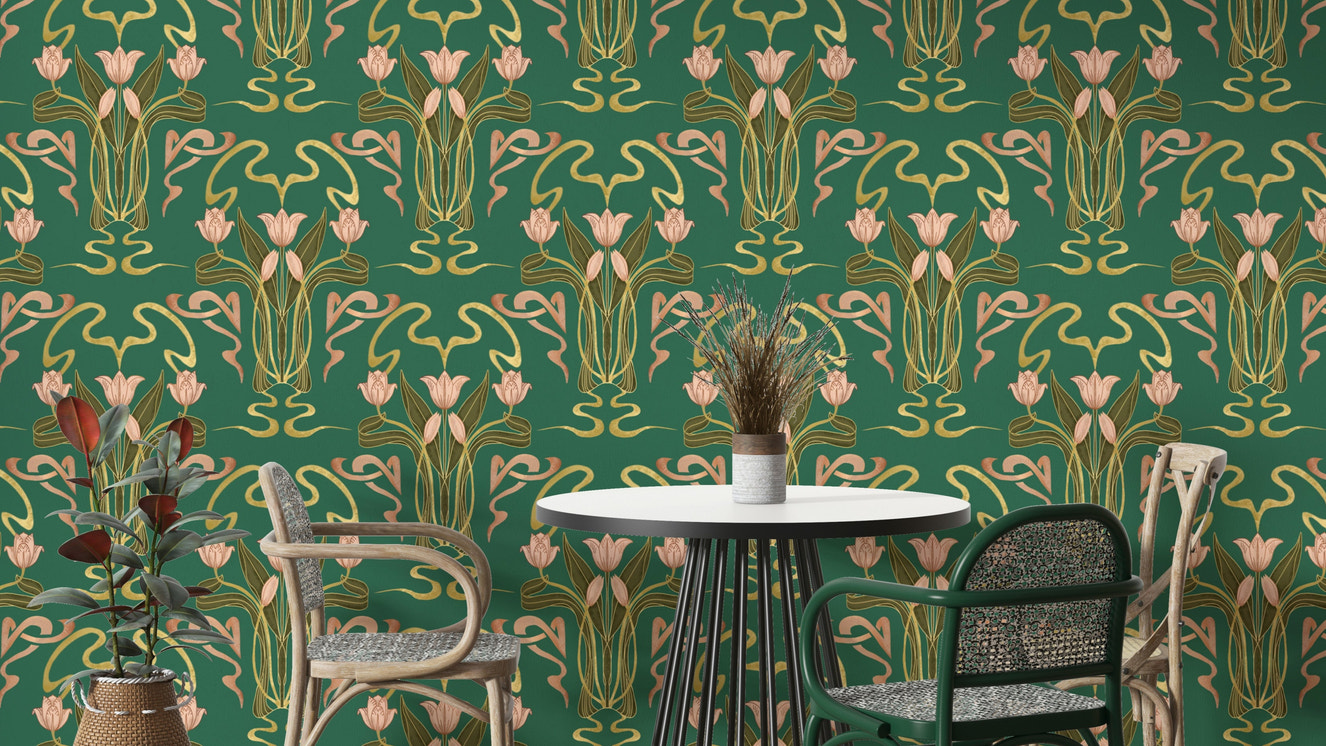 Art deco floral green wallpaper


