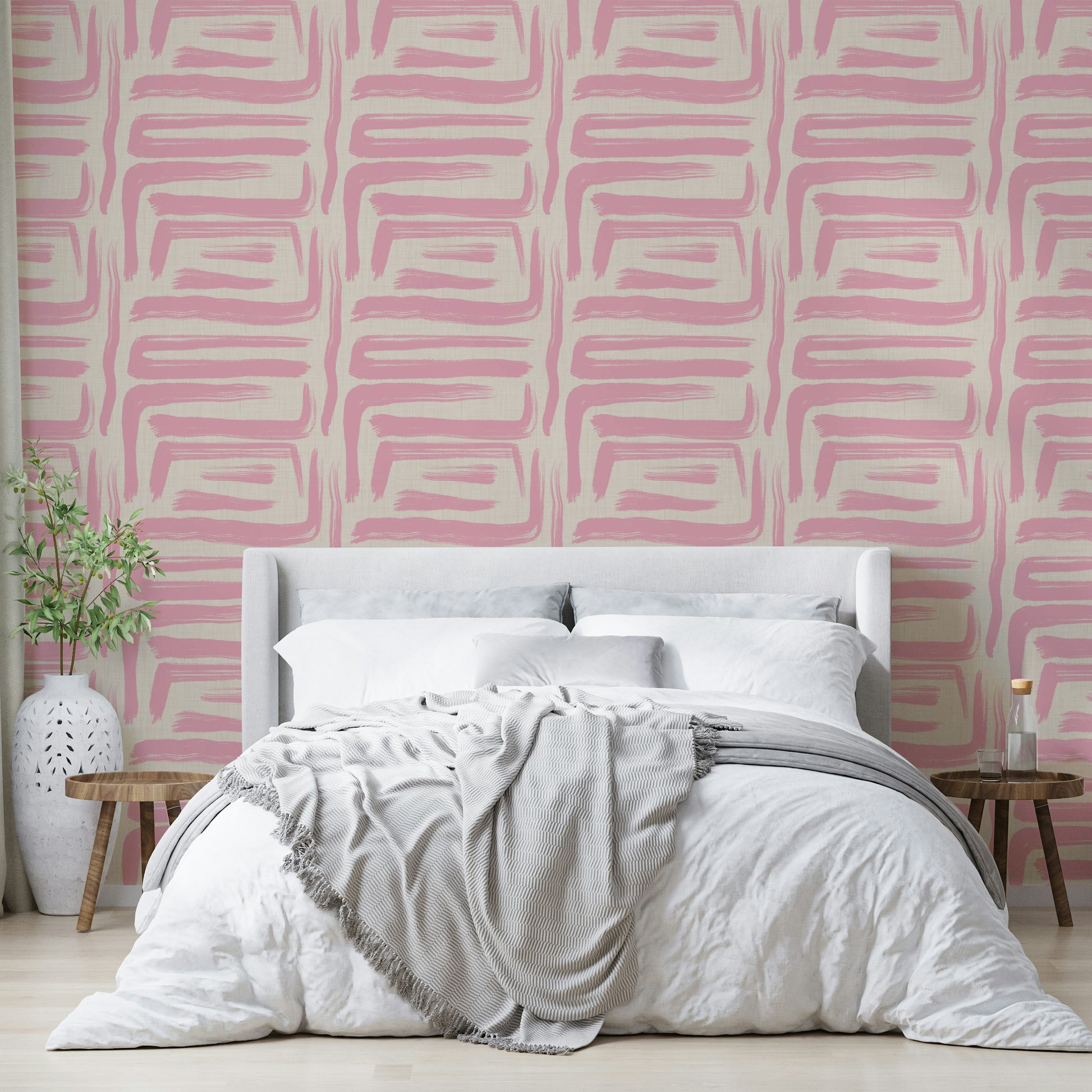 Blush-toned mid-century wallpaper with soft texture

