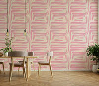 Modern room with blush pink retro wallpaper accent

