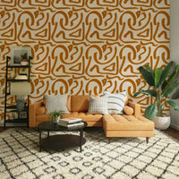 Creative mid-century scribble wallpaper in bedroom

