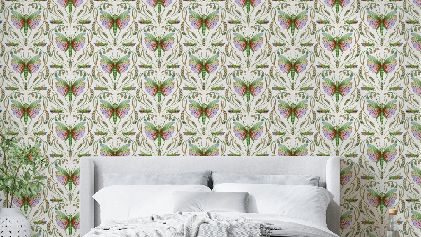 Light wallpaper with rainbow grasshopper damask

