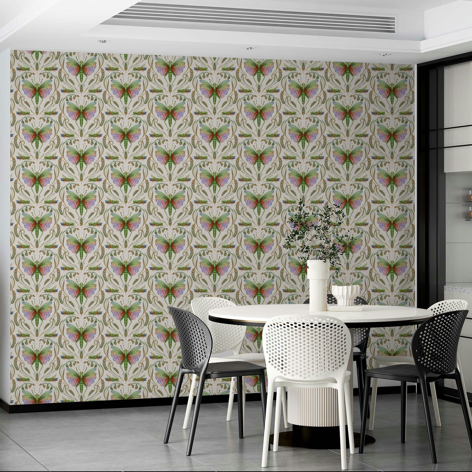 Soft wallpaper with whimsical grasshopper detail

