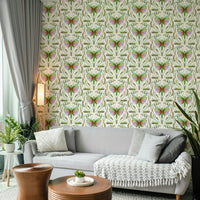 Subtle damask print featuring colorful grasshoppers

