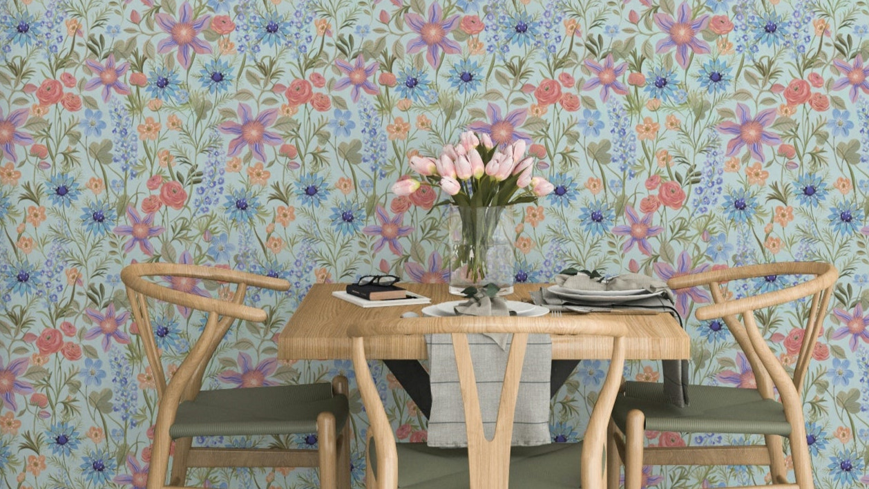 Sky blue wallpaper with retro ranunculus florals


