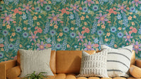 Retro teal wallpaper with ranunculus flowers

