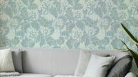 Baby blue wallpaper with sea kale botanical print

