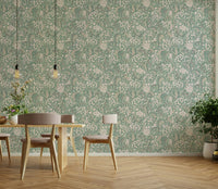 Green wallpaper with sea kale plant pattern

