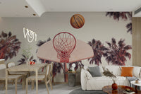 Artistic mural with basketball players in motion

