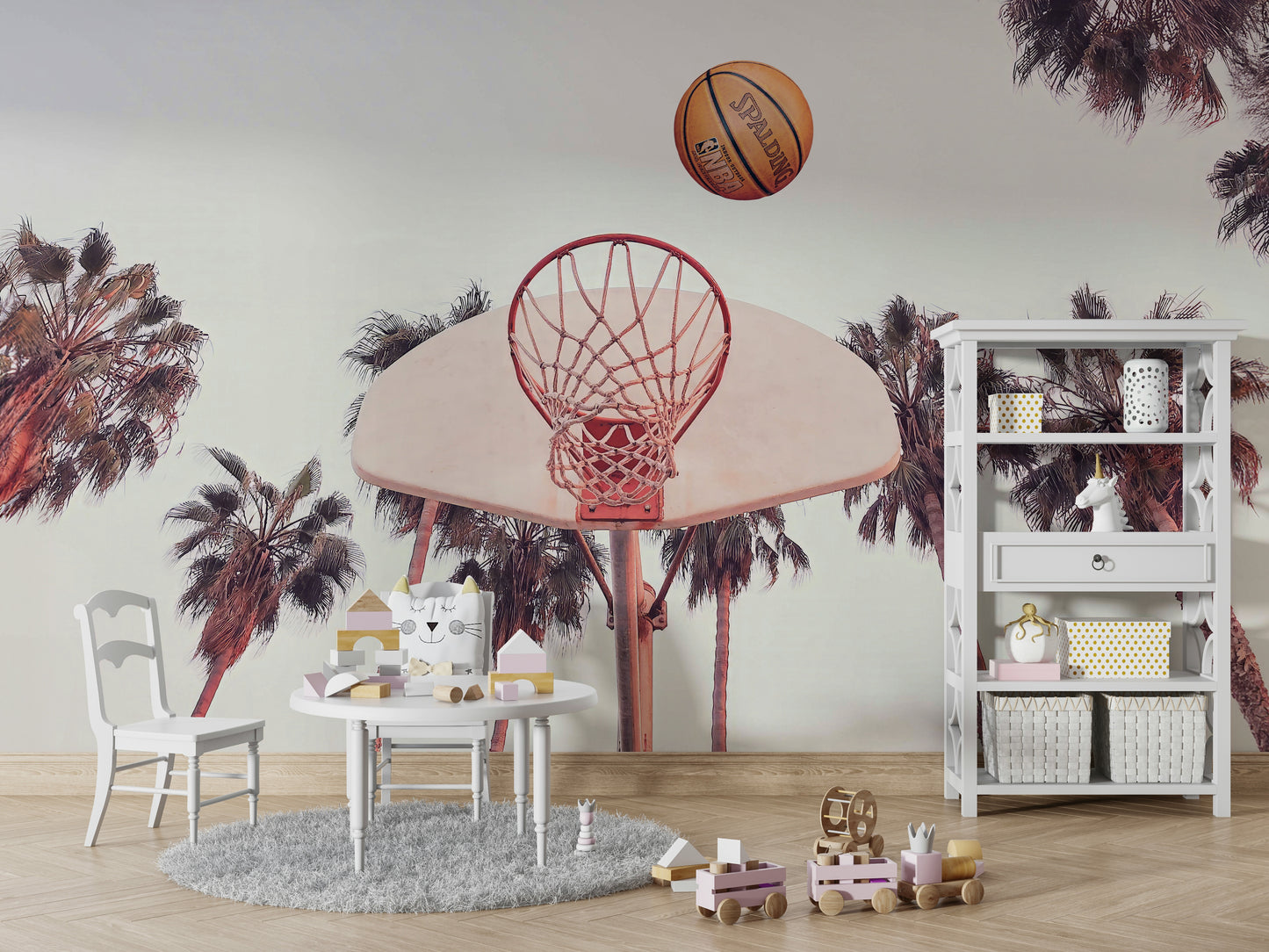 Slam dunk mural with basketball court design

