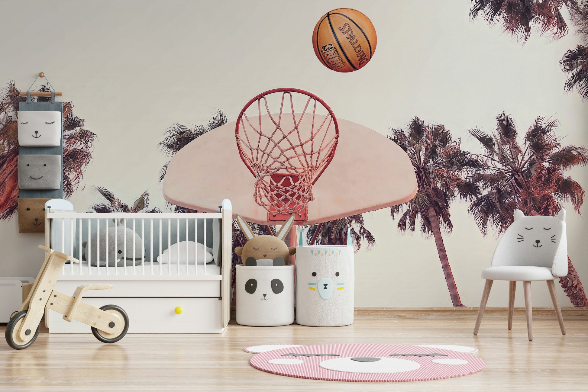 Sports mural featuring basketball scene

