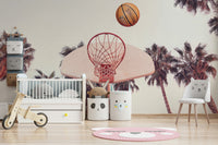 Sports mural featuring basketball scene

