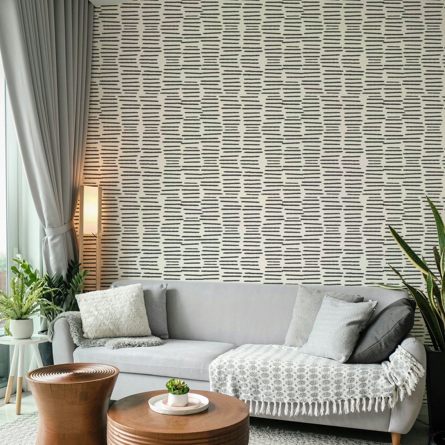 Watercolor-style charcoal striped wall design

