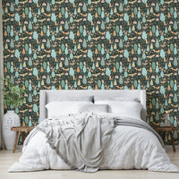 Dark green wallpaper featuring cute woodland creatures

