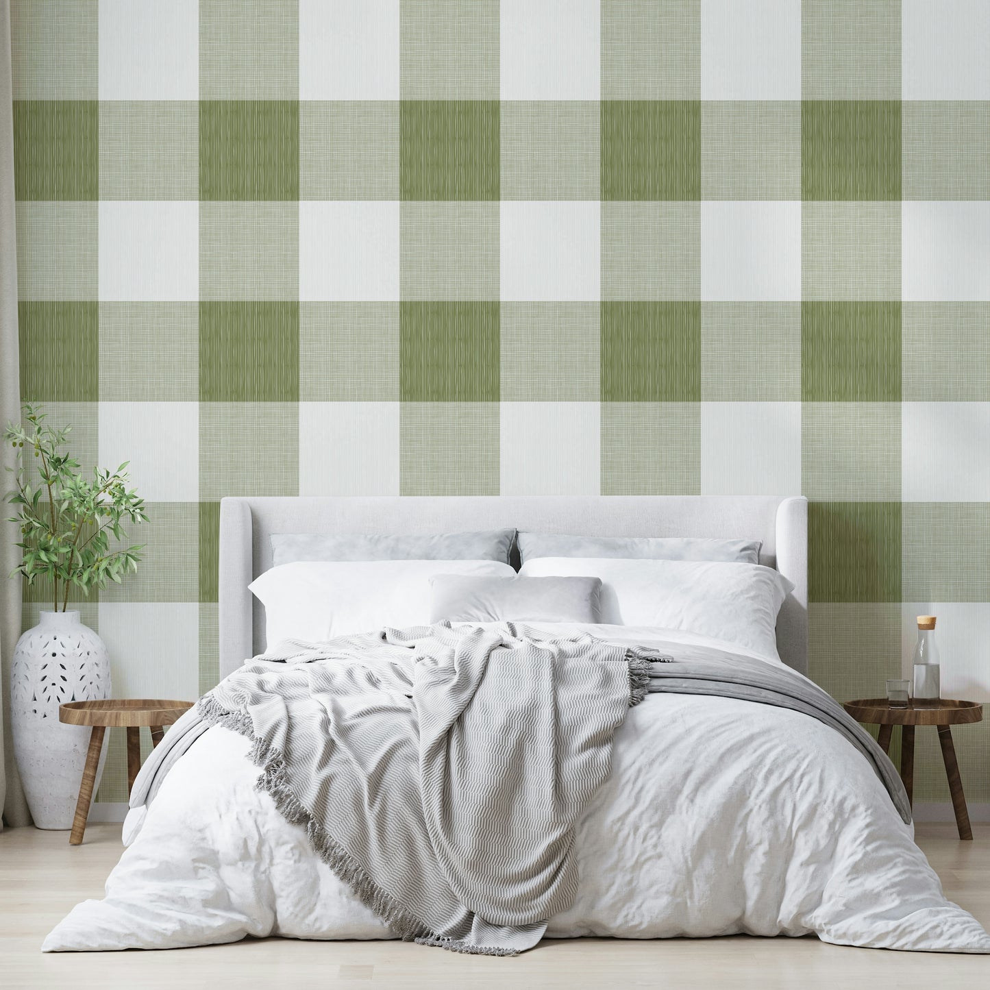 Farmhouse-style wallpaper with green plaid

