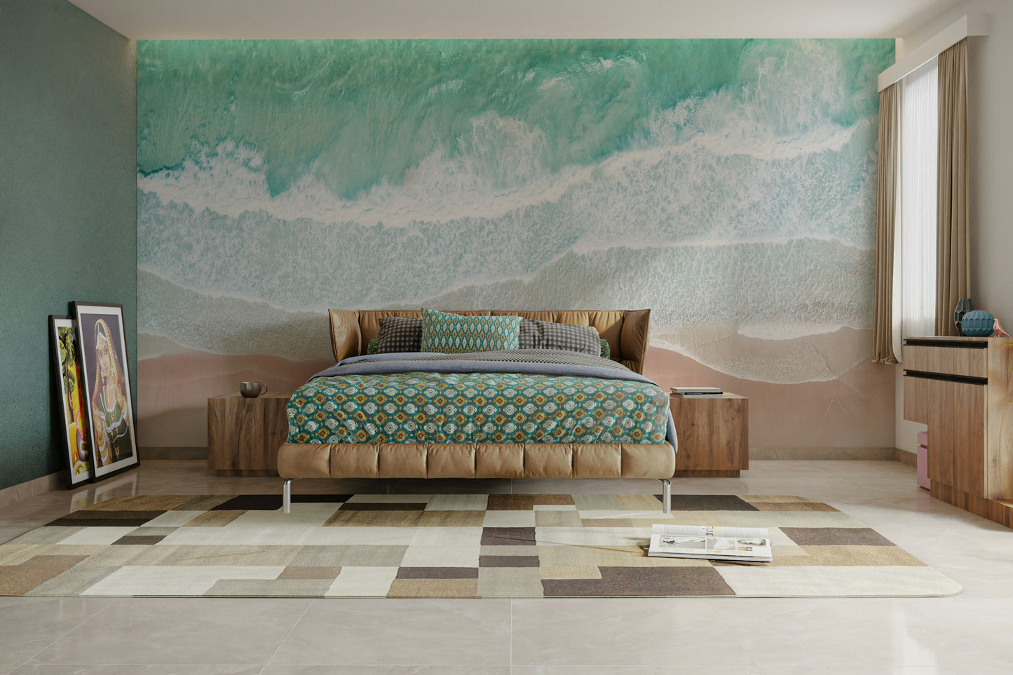 Aerial shoreline mural for beach-themed room

